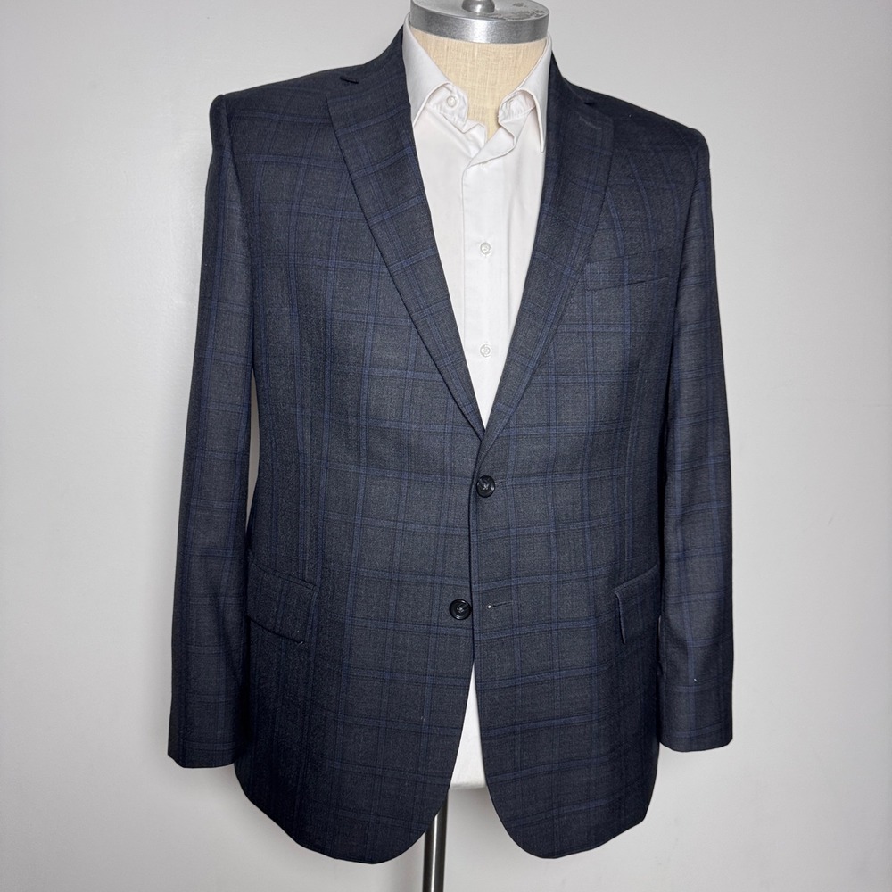 Jos. A. Bank Reserve Blazer Mens 46R Charcoal Blue Plaid Silk Wool Blend Jacket